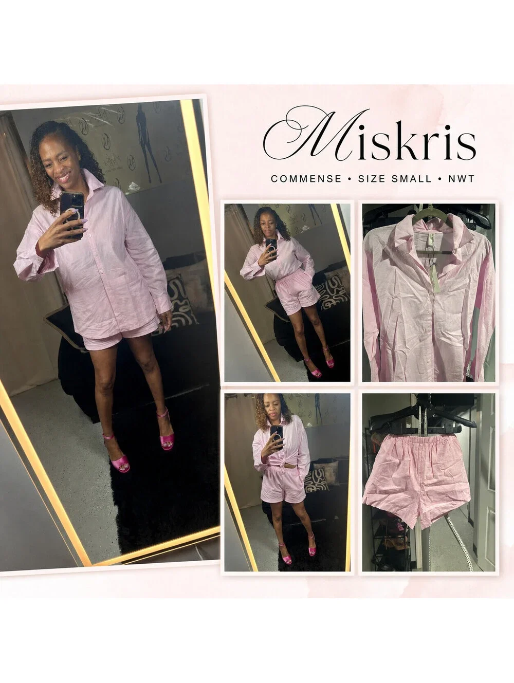COMMENSE Pink Oversized Button Shirt Boxer Shorts Set Small NWT